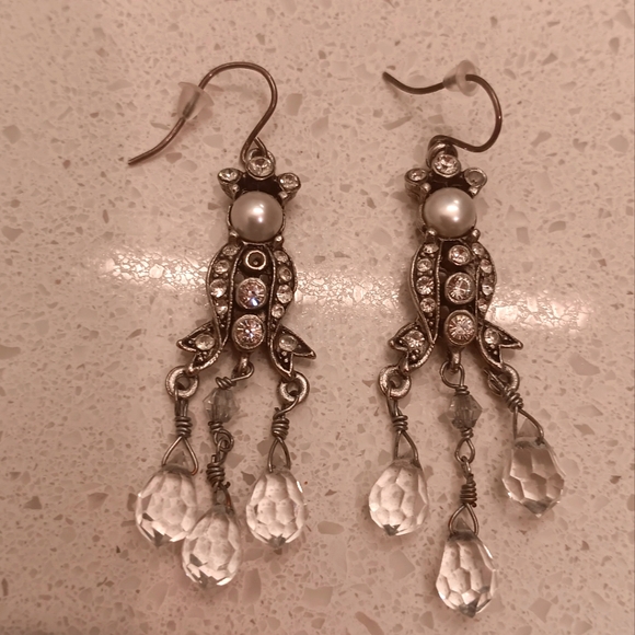 Crystal Faux Pearl Dangle Silvertone Earrings - Picture 4 of 4